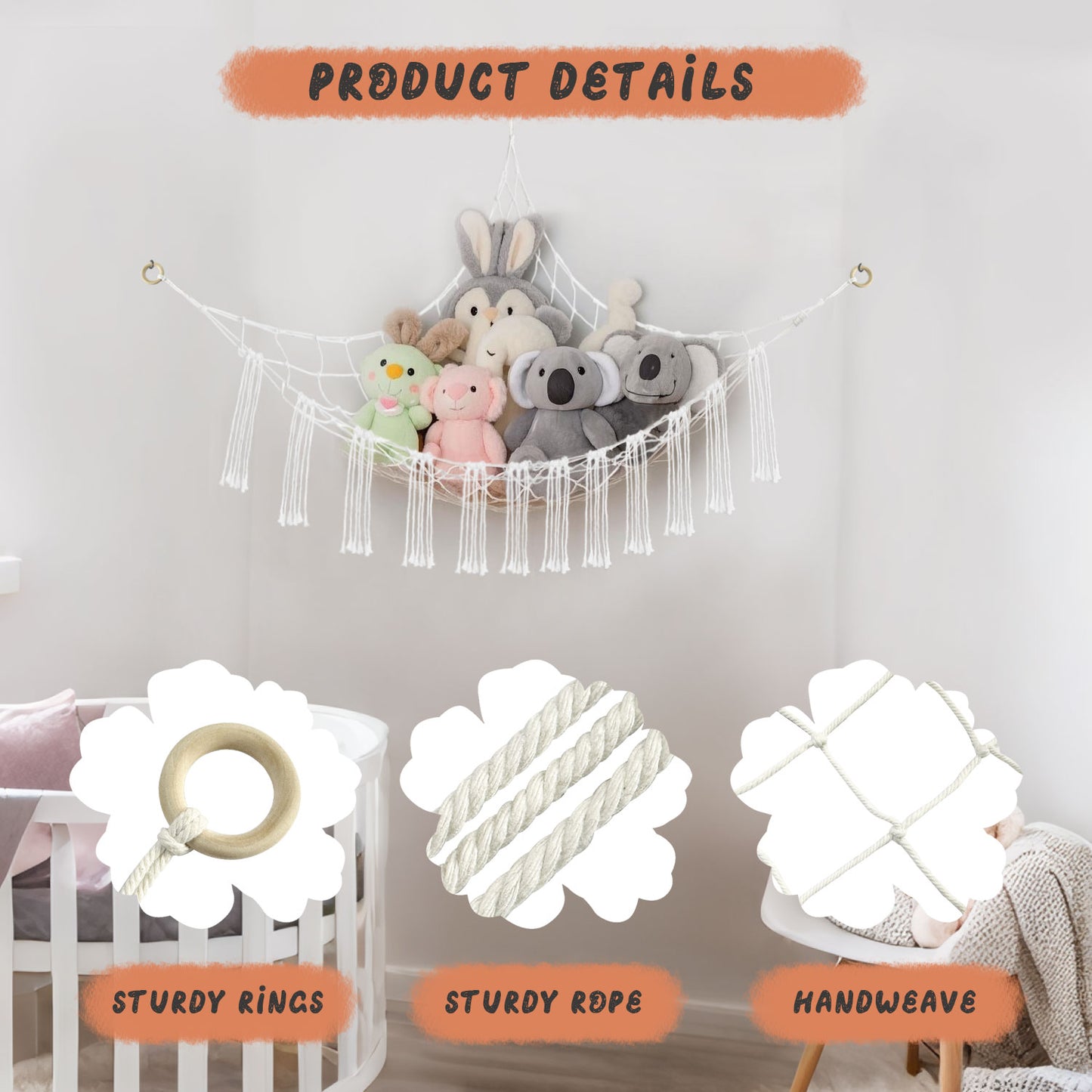 59 x 47 inches Stuffed Animal Hammock Corner Net, Plushie Net for Stuffed Animals Corner Large, Cotton Hammock Holder for Home, Room, Wall, Bedroom Decor (White)