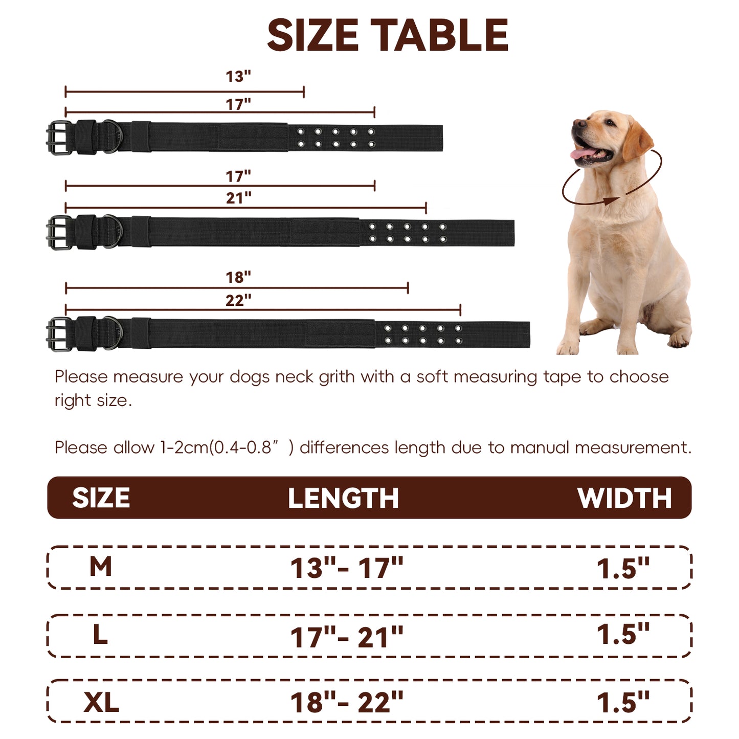 Heavy Duty Dog Collar for Large Dogs, Tactical Dog Collars with Metal Buckle & D Ring, 1.5" Width Thick Adjustable Nylon Collar for Medium Dogs, Black/L