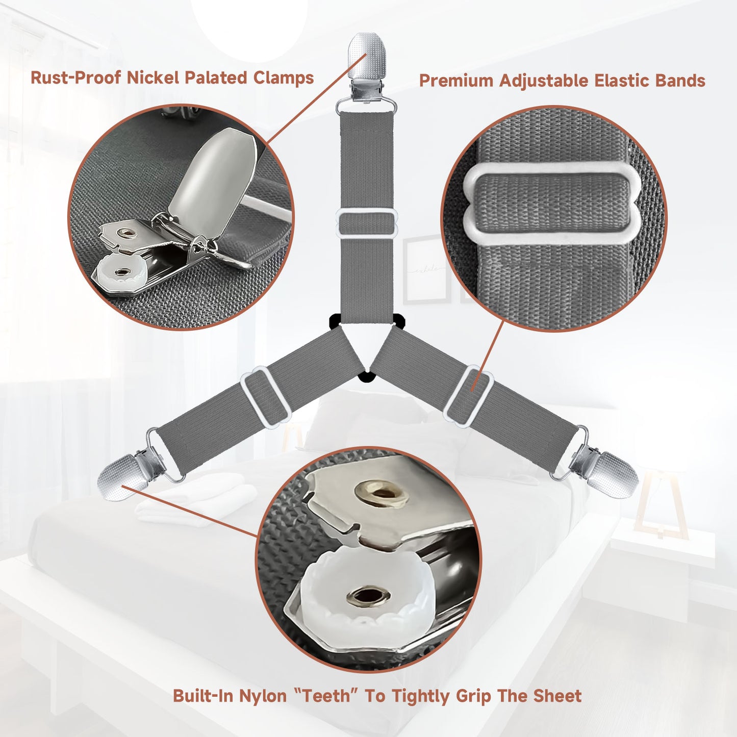 Bozenu Bed Sheet Straps, Upgrade Fitted Bed Sheet Holders for Corners, Non Slip Sheet Clips Grey 4Pcs