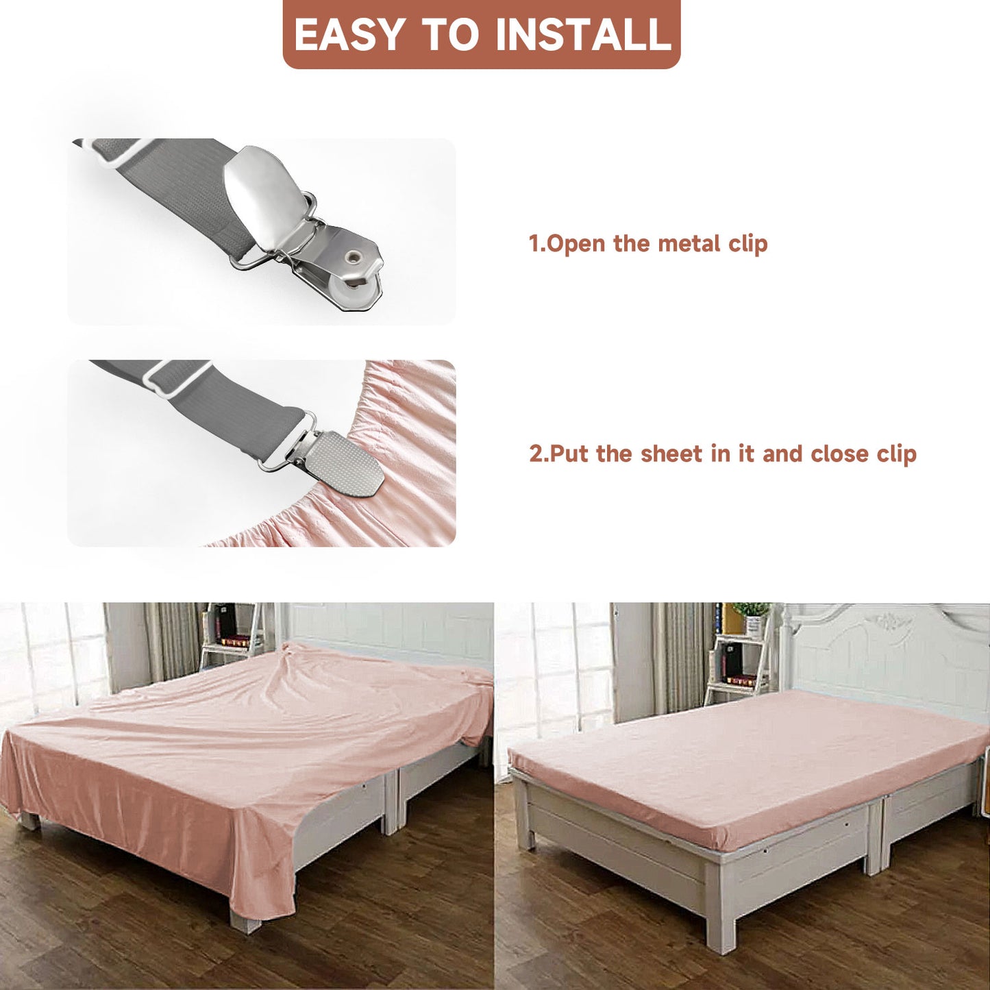 Bozenu Bed Sheet Straps, Upgrade Fitted Bed Sheet Holders for Corners, Non Slip Sheet Clips Grey 4Pcs